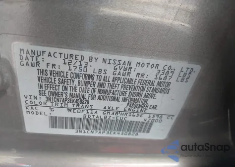 2014 Nissan Versa 1.6 Sv z USA, uszkodzony, nr VIN 3N1CN7AP3EK450828